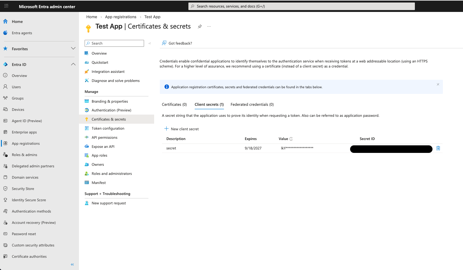Screenshot showing Microsoft Entra External ID application client secret (redacted values)