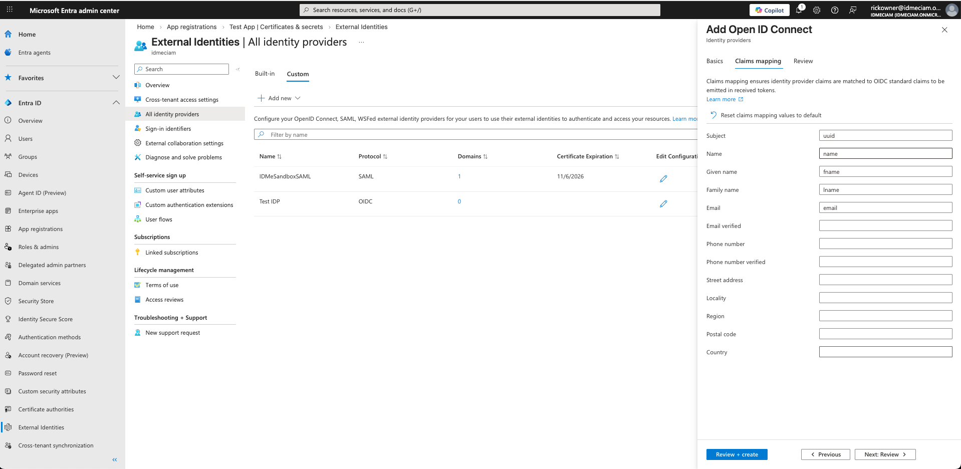 Screenshot showing Microsoft Entra External ID attribute mapping configuration