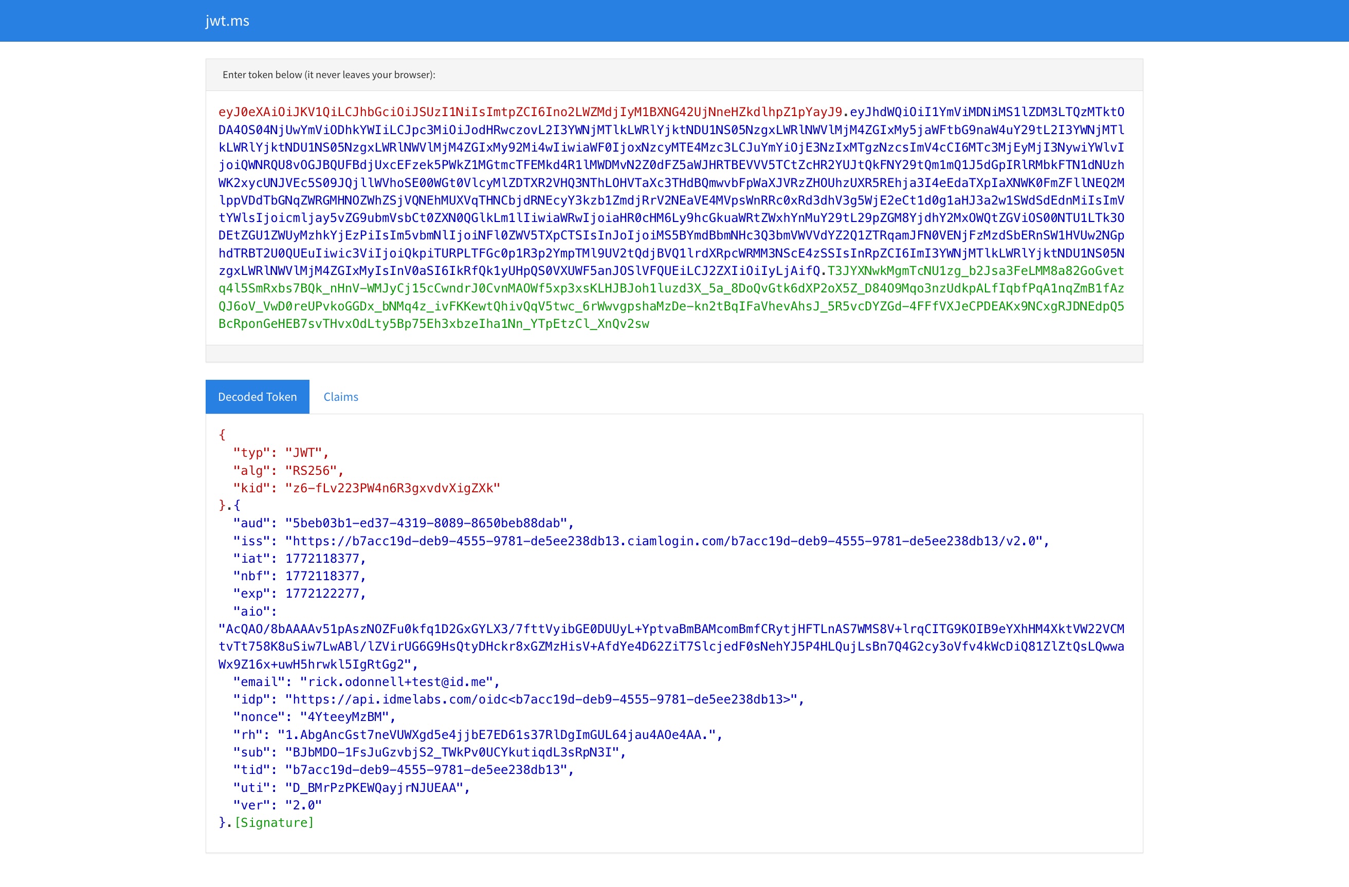 Screenshot of decoded JWT sample with default openid scope 
