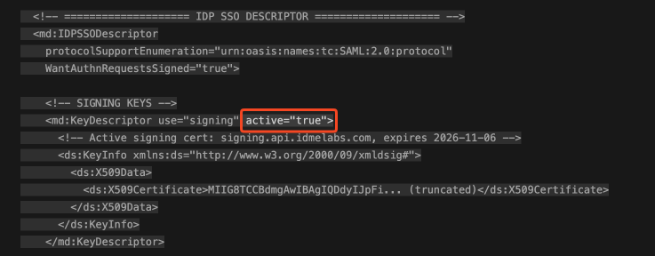 Keycloak. SAML ID.me Active Signing Certificate Screenshot of XML metadata file highlighting active=true XML element