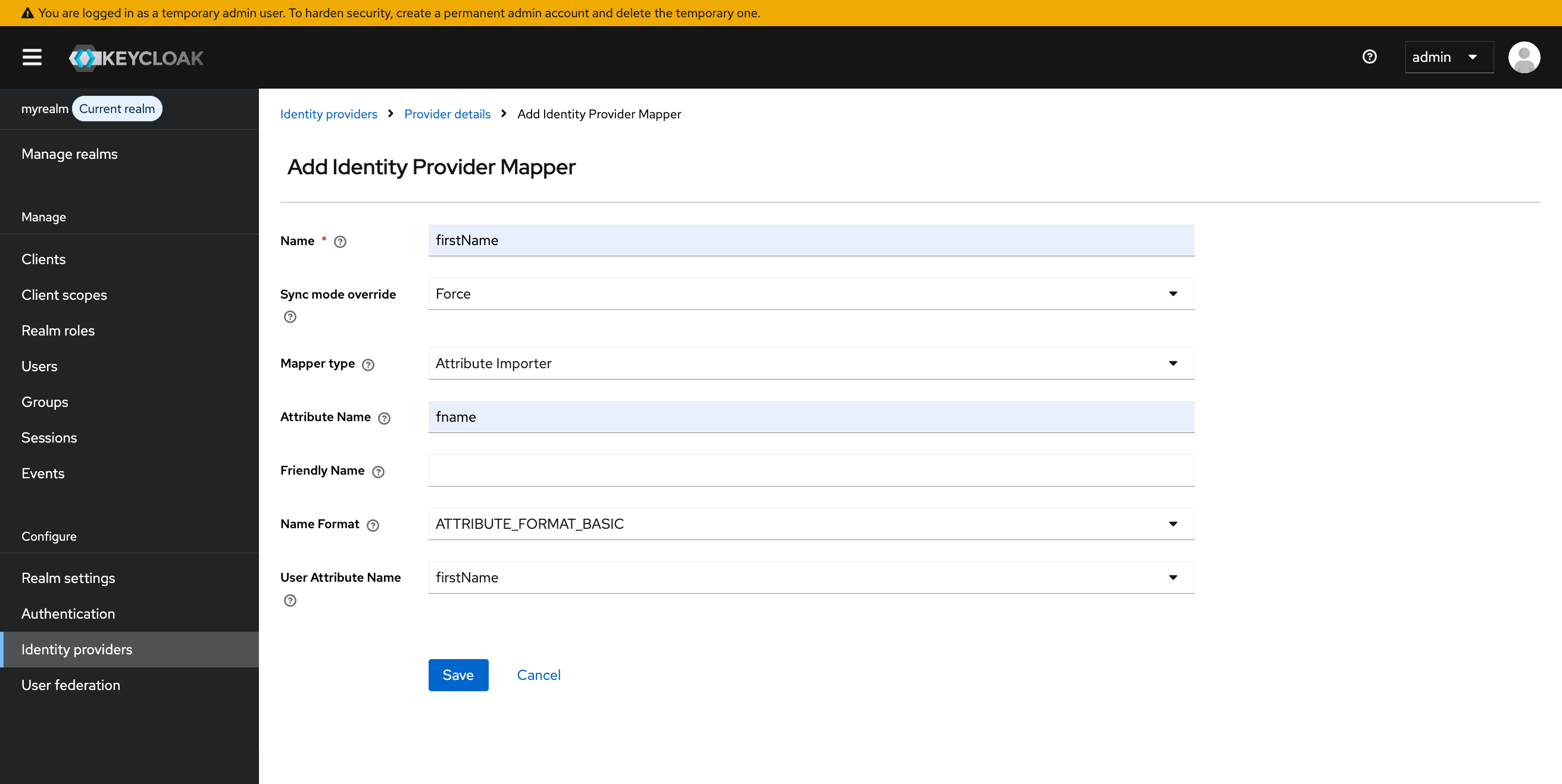 Keycloak SAML Add Mapper Screenshot showing keycloak add attribute mapper for firstname
