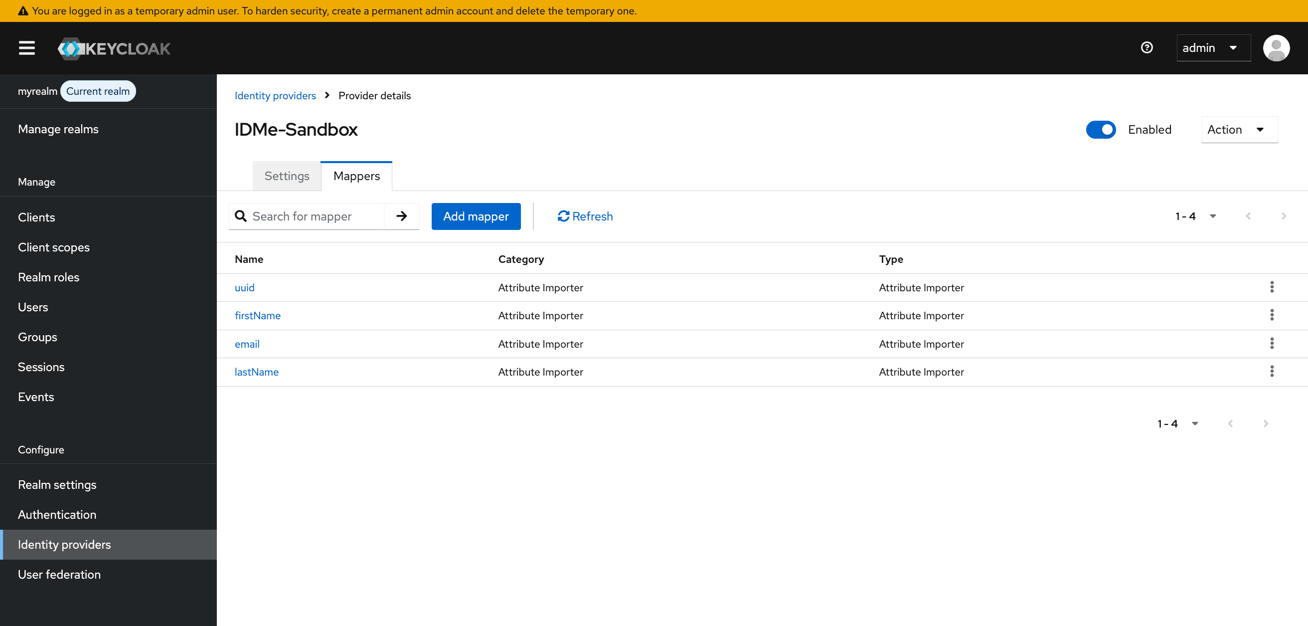 Keycloak SAML Mapper Complete Screenshot of key cloak, Samuel mapper complete with UUID, first name, email, and last name mapped