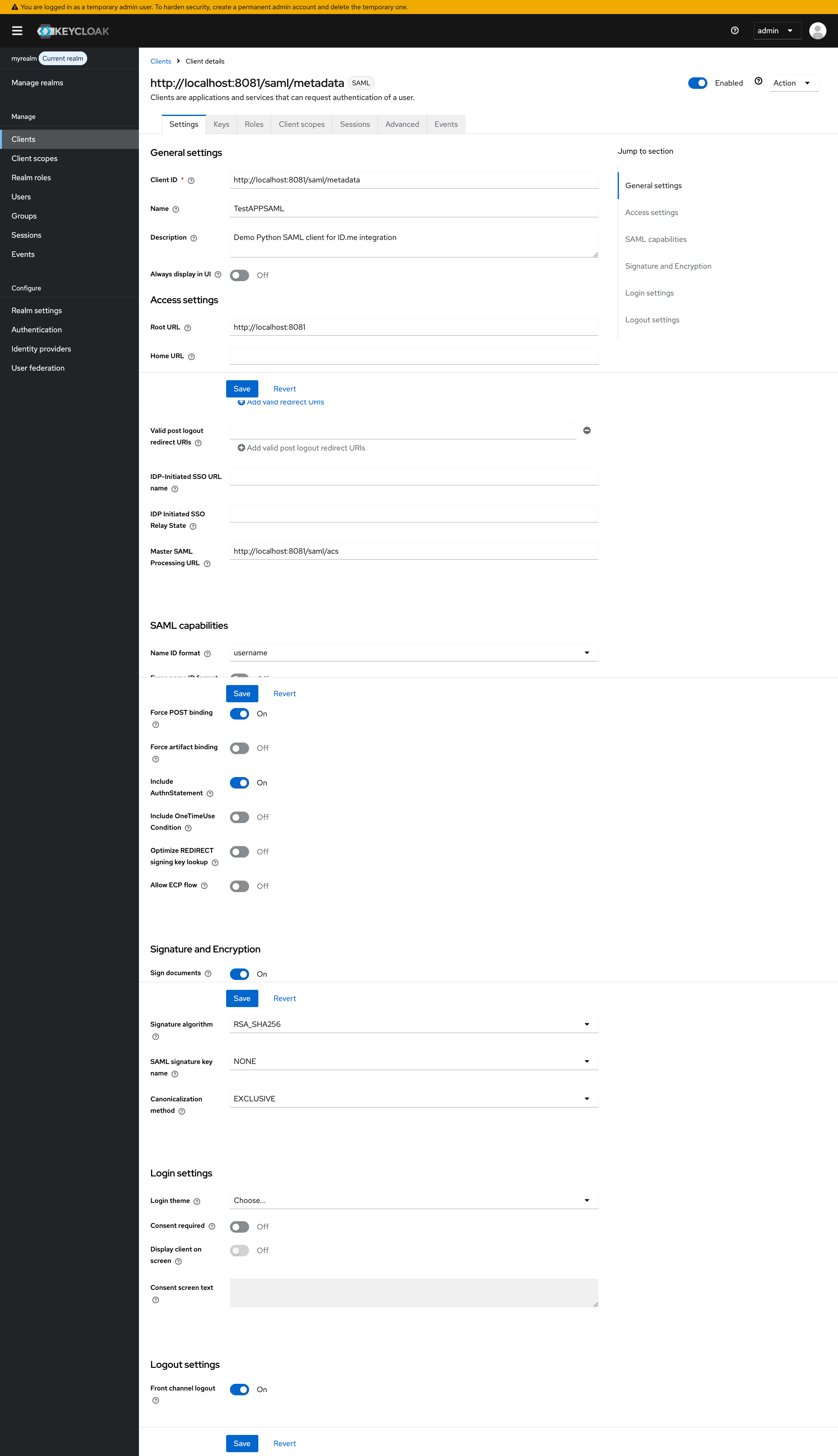 Keycloak SAML Client Demo App Configuration Screenshot showing a sample Keycloak SAML client configuration based on custom local Python demo app