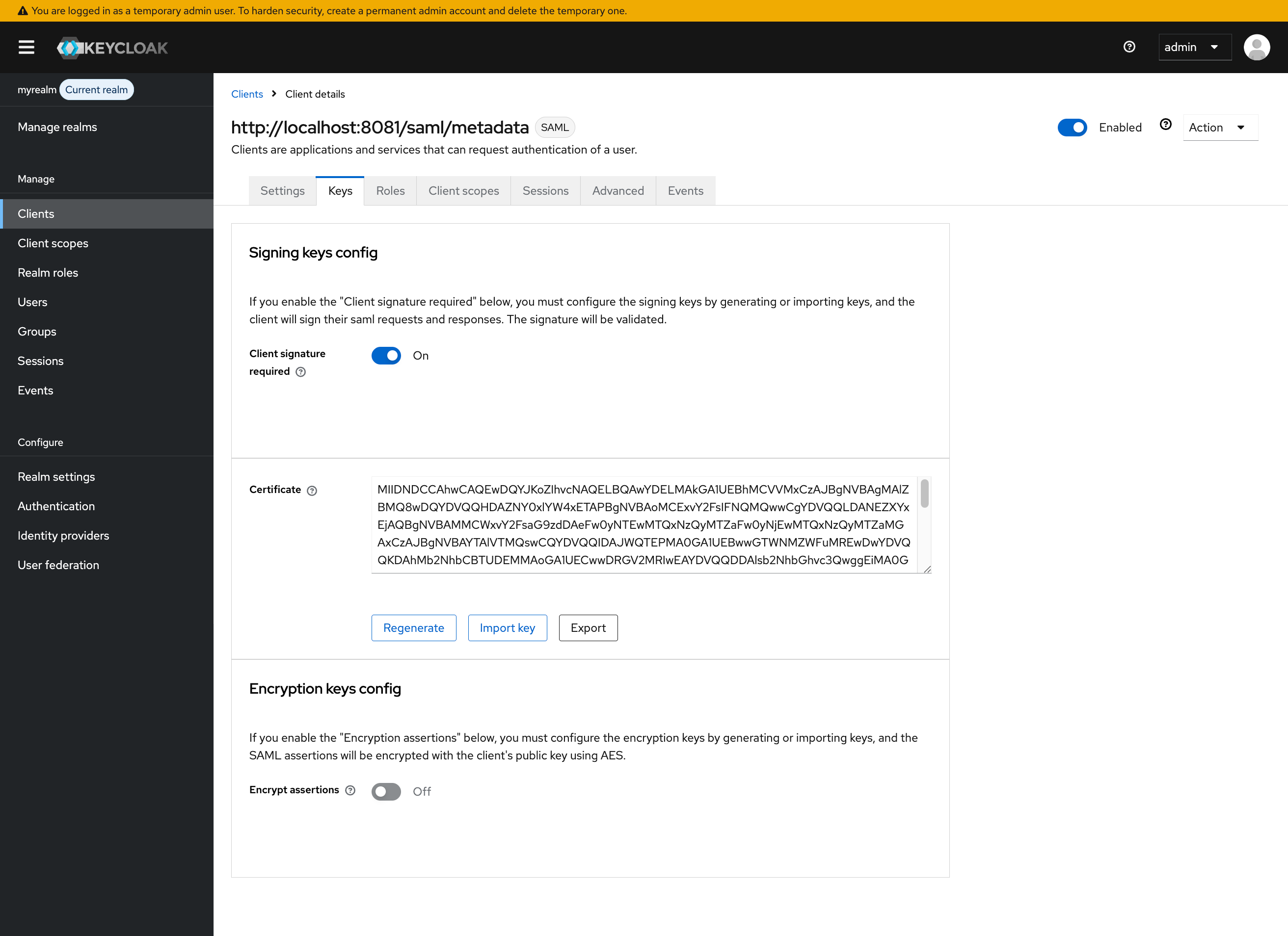 Keycloak SAML Client App Key Configuration Screenshot showing Keycloak demo SAML client application key configuration page showing client signature request toggle is on and a certificate is populated from the demo app