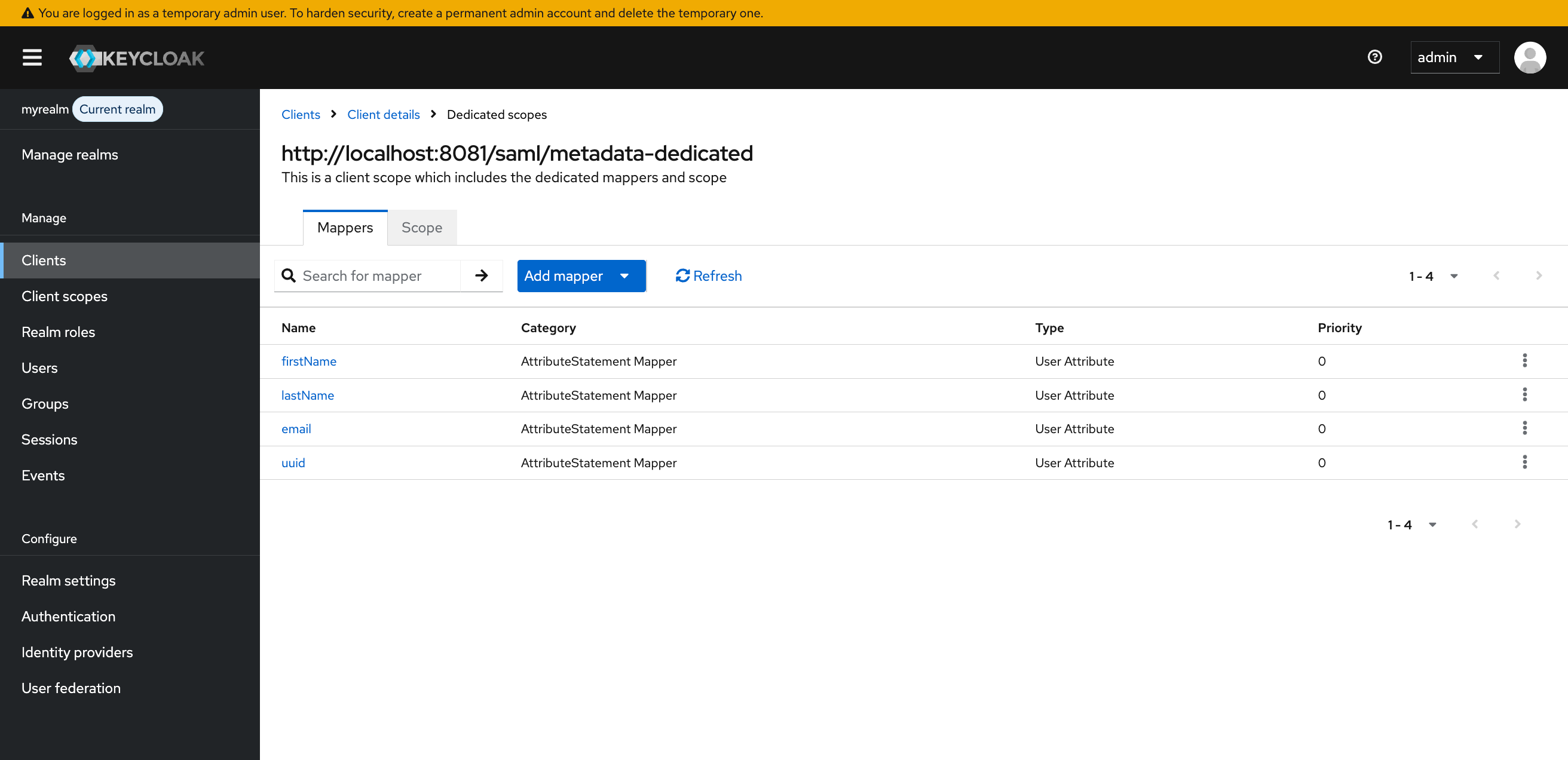 Keycloak SAML Client App Mapper Complete Screenshot showing SAML Client app mapper complete with first name, last name, email, and uuid.keycloak_saml_client_app_mapper_complete