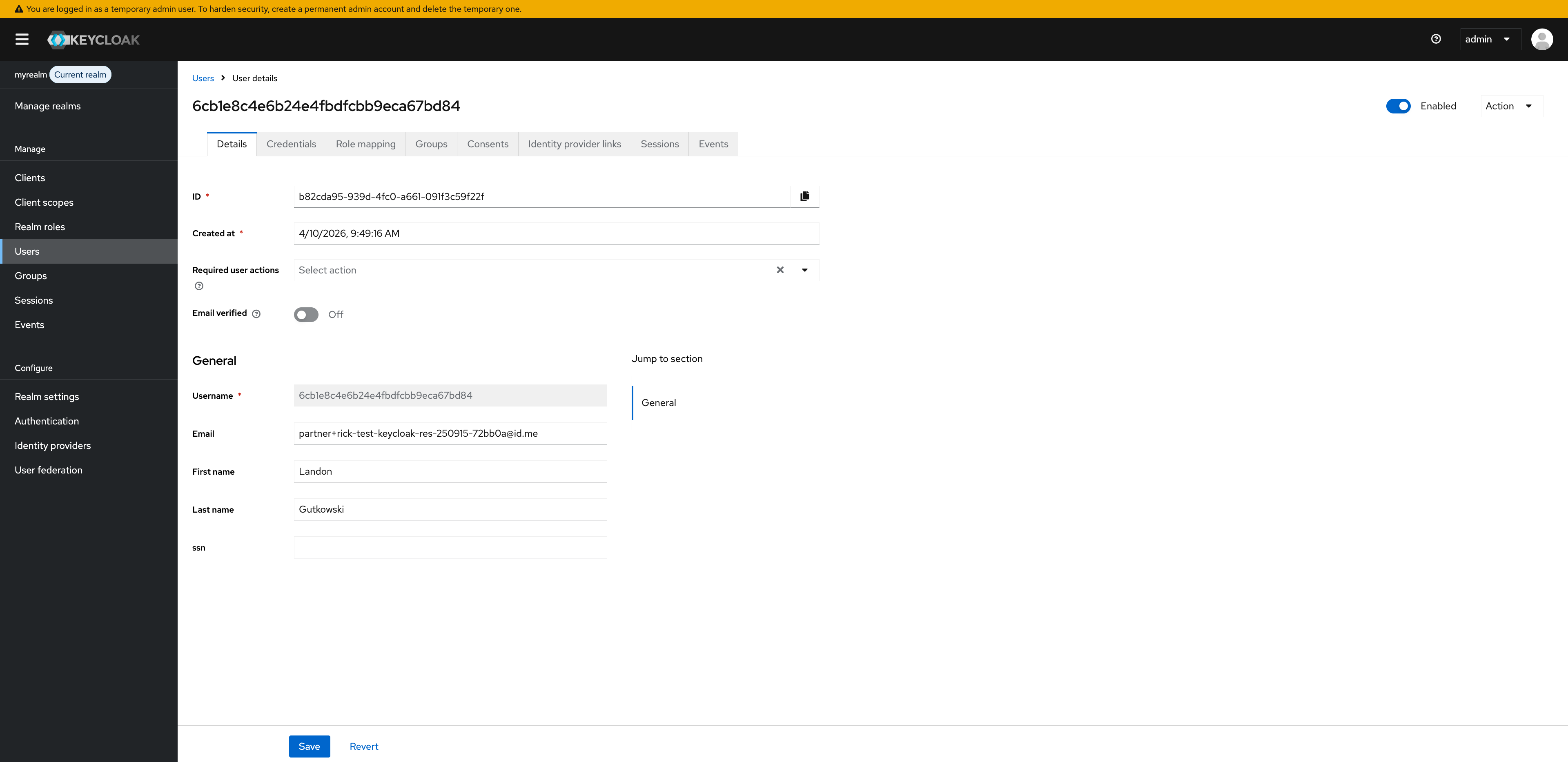 Keycloak Admin Tool Showing New User Auto-Provisioned from ID.me Screen of Keycloak admin tool user list showing new user created via automatic provisioning from ID.me into Keycloak