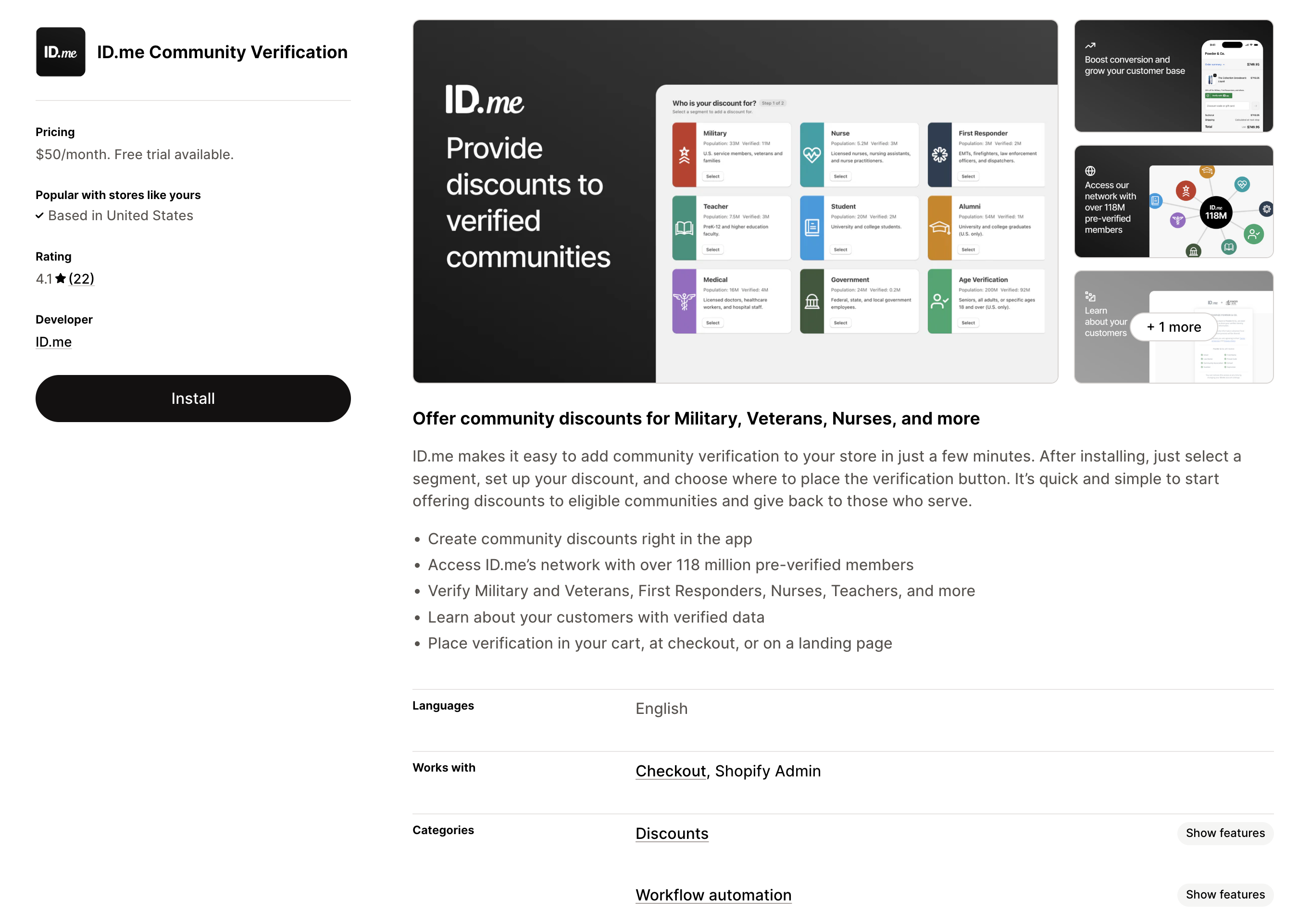 Shopify-IDme Screenshot of the ID.me Community Verification app listing on the Shopify App Store, rated 4.1 stars, priced at $50/month with a free trial, showing supported verification segments including Military, Nurse, First Responder, Teacher, Student, Alumni, Medical, Government, and Age Verification, with an Install button.