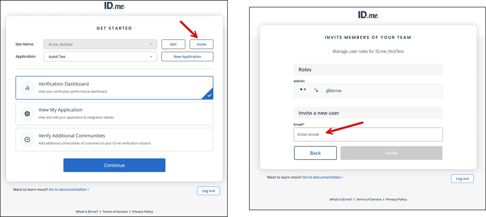 Image showing how to invite a user to join your organization and view your developer portal dashboard