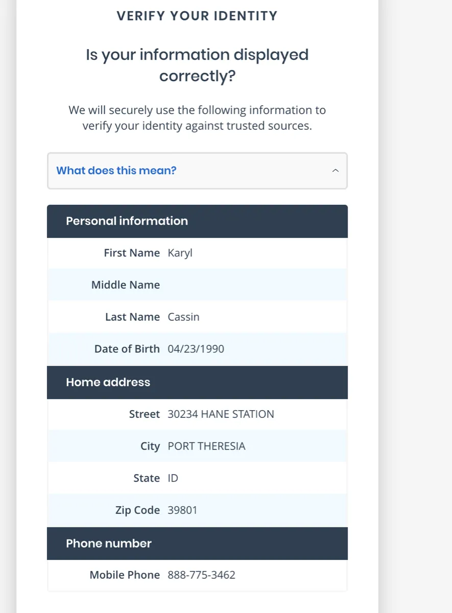 Review screen titled Is your information displayed correctly?, showing the test persona's name, date of birth, home address, and mobile phone number.