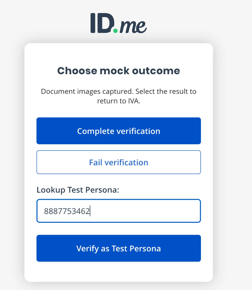 Choose mock outcome screen with Complete verification and Fail verification buttons, and a Lookup Test Persona field with a Verify as Test Persona button.