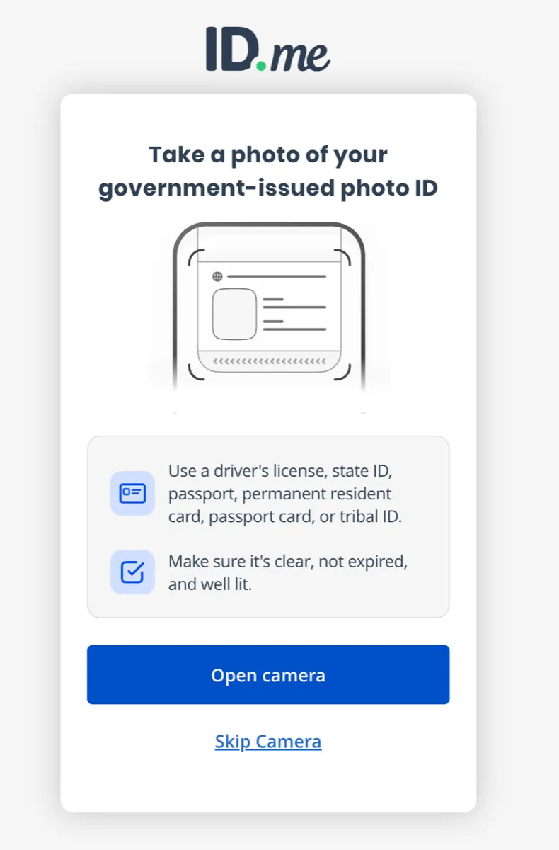 Legal ID SDK mock start screen titled Take a photo of your government-issued photo ID, with an Open camera button and a Skip Camera link.