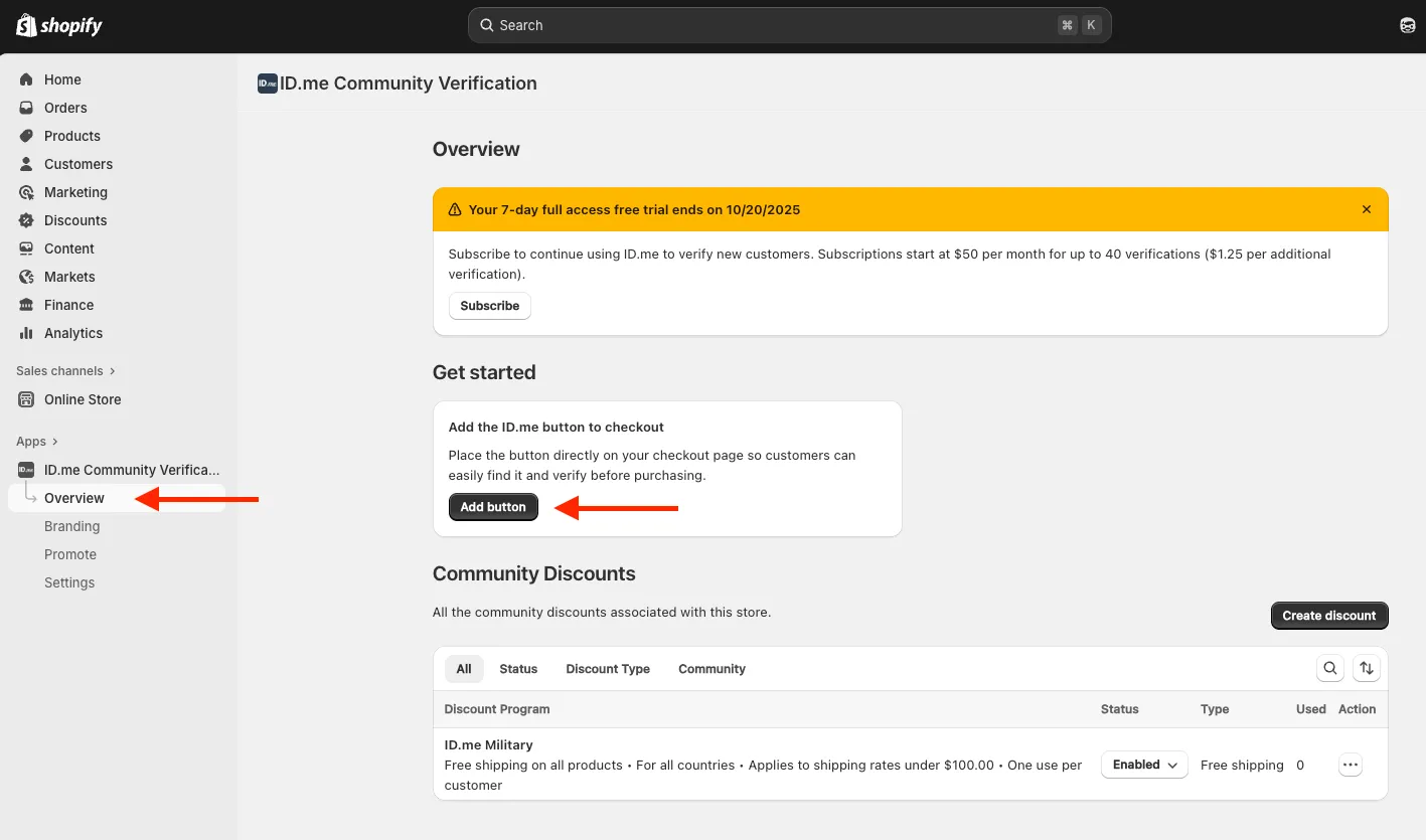 Shopify admin panel screenshot showing where to get started in overview