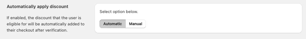 Screenshot showing Shopify admin panel Automatically apply discount or Manual
