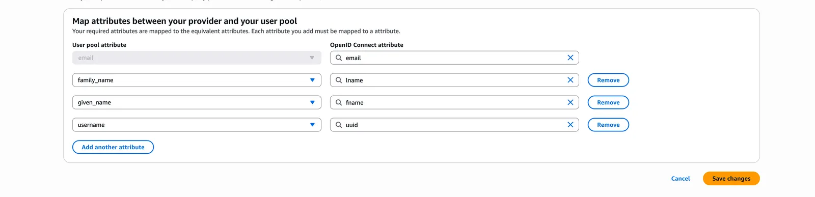 Screenshot of the "Map attributes between your provider and your user pool" section in AWS Cognito, showing four mappings from OpenID Connect attributes to user pool attributes: email→email, lname→family_name, fname→given_name, and uuid→username.