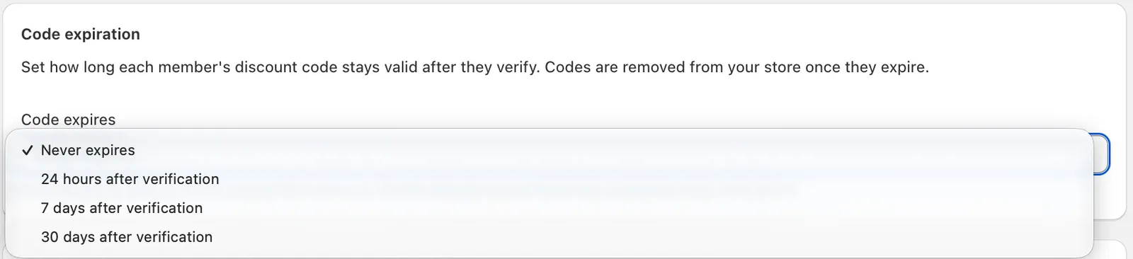 Code Expiration setting in the discount setup, showing the Code expires dropdown with Never expires, 24 hours after verification, 7 days after verification, and 30 days after verification options