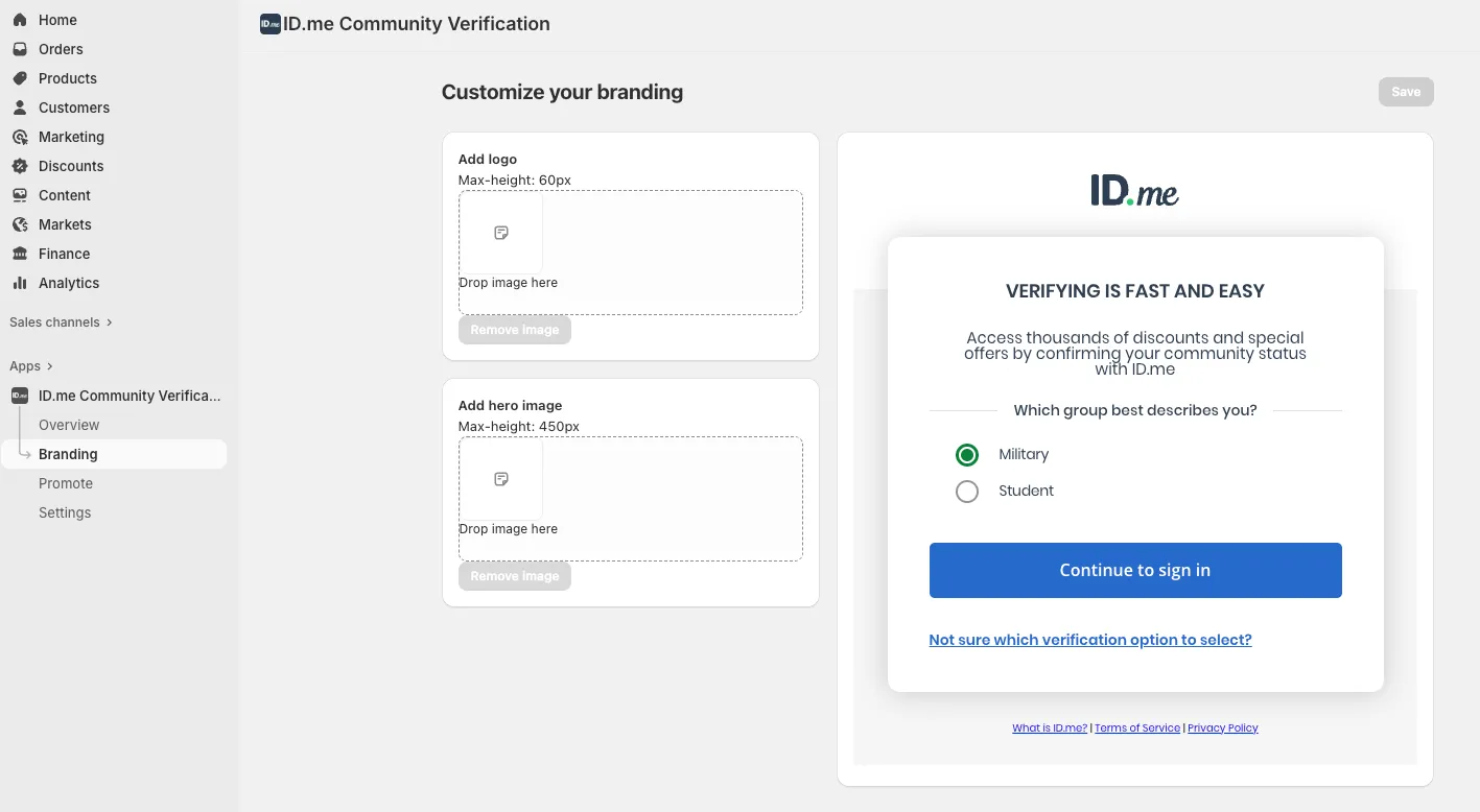 Branding page customization screenshot from inside Shopify