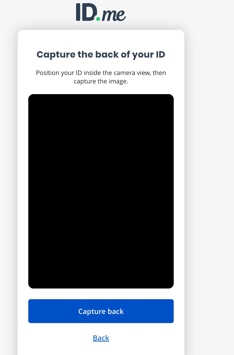 Mock capture screen titled Capture the back of your ID, showing a camera preview, a Capture back button, and a Back link.