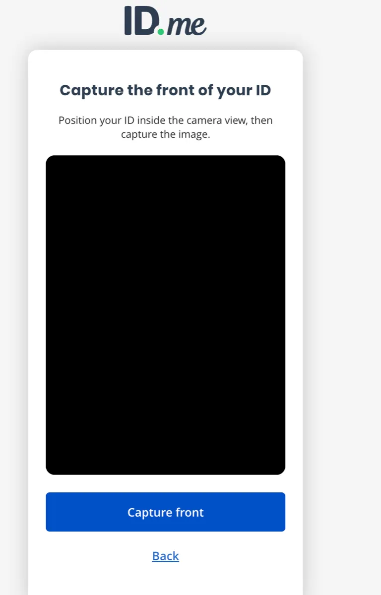Mock capture screen titled Capture the front of your ID, showing a camera preview, a Capture front button, and a Back link.