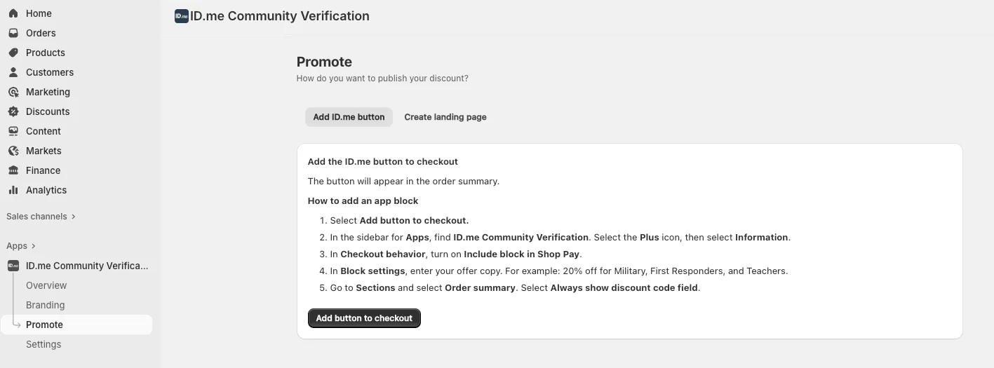 Promote screen in Shopify admin showing various options for adding a button etc