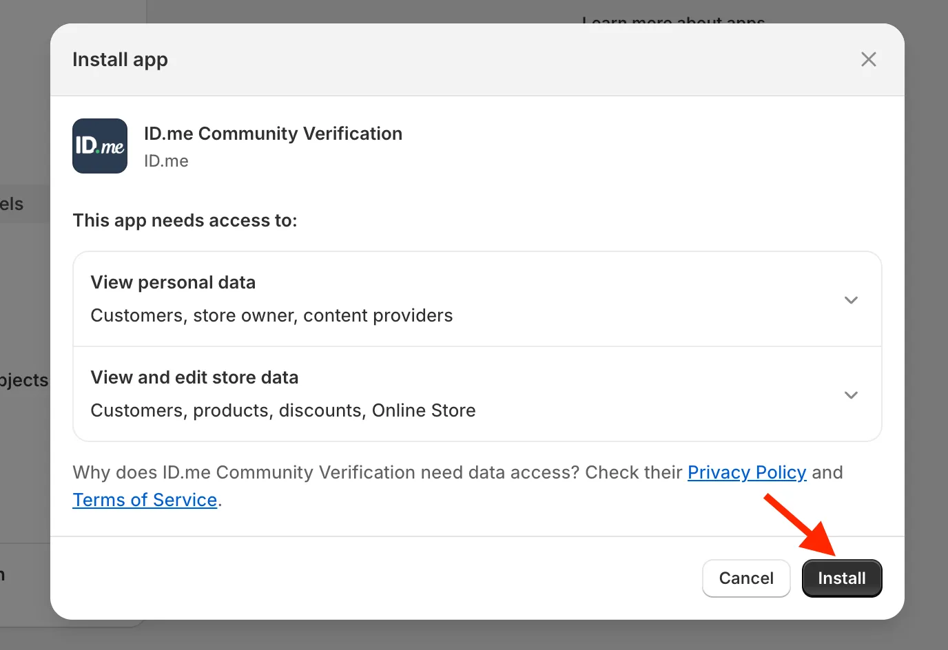 A page showing which data the application will have access to