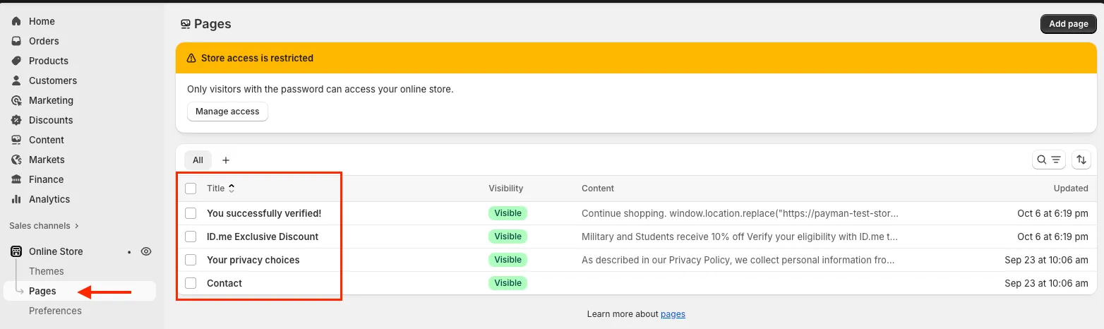 Screenshot in Shopify admin showing Pages settings and information