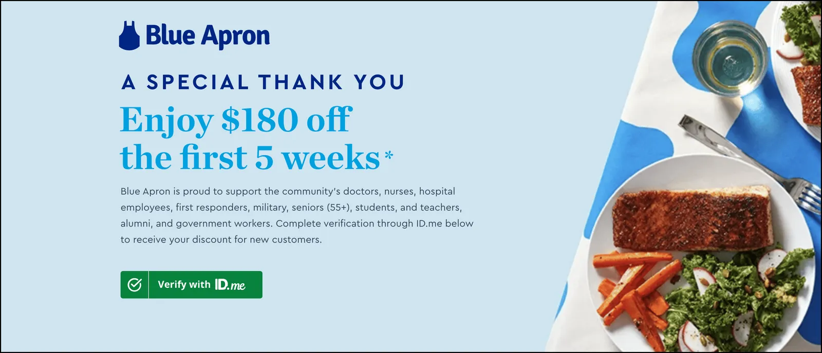 Image that shows how Blue Apron incorporates ID.me to offer exclusive discounts to Military